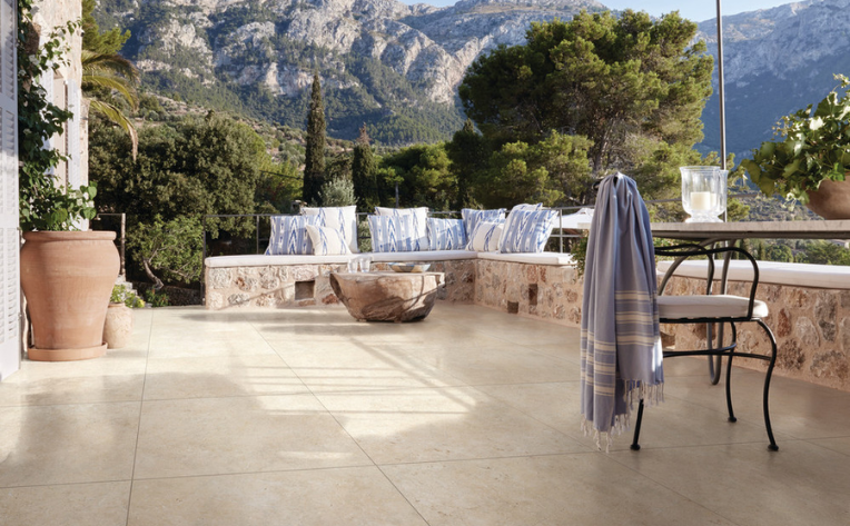 limestone floor on veranda overlooking mountain range